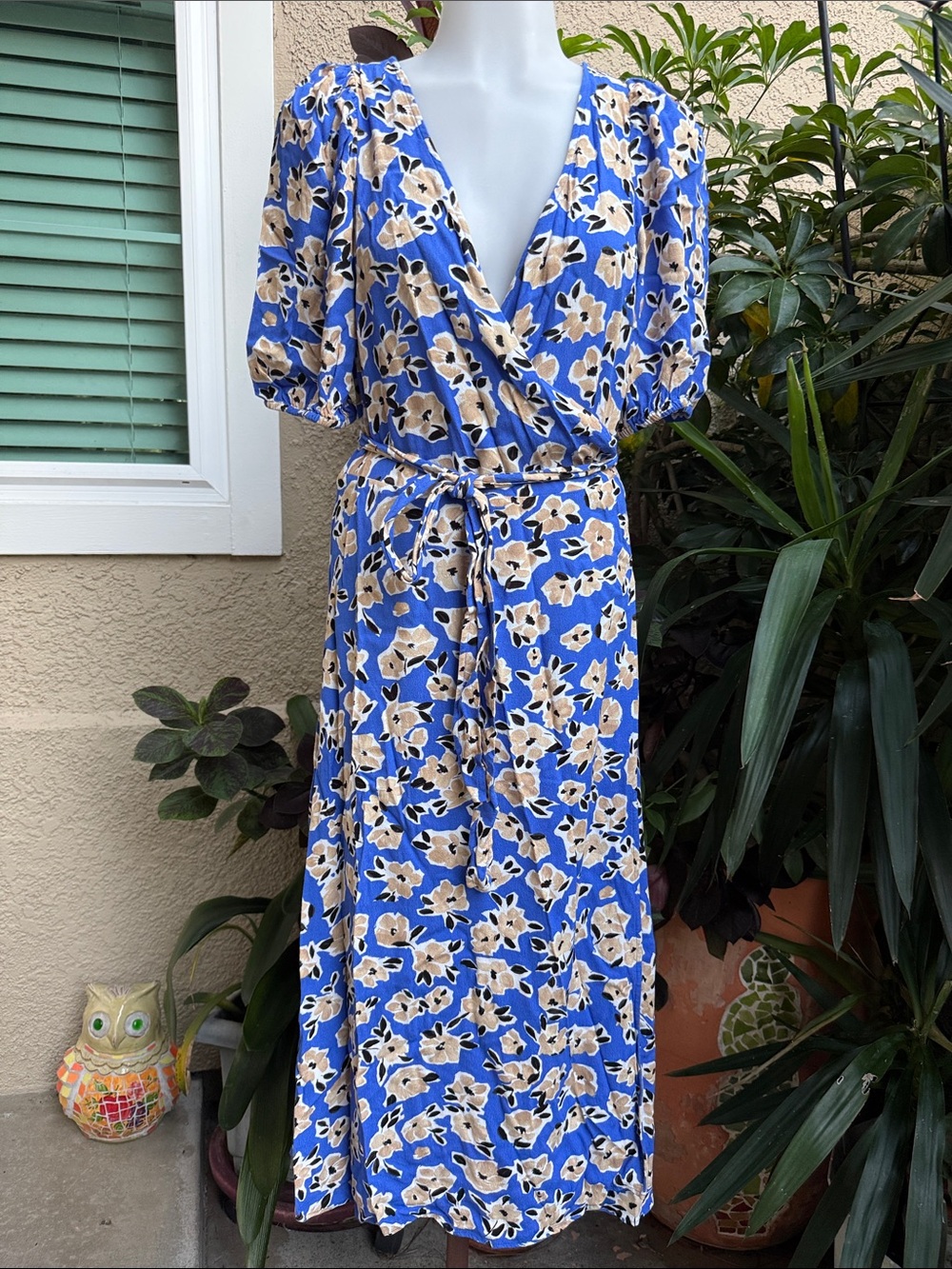 Ann Taylor Blue Floral Wrap Maxi Rayon Dress with Beige and Black Accents